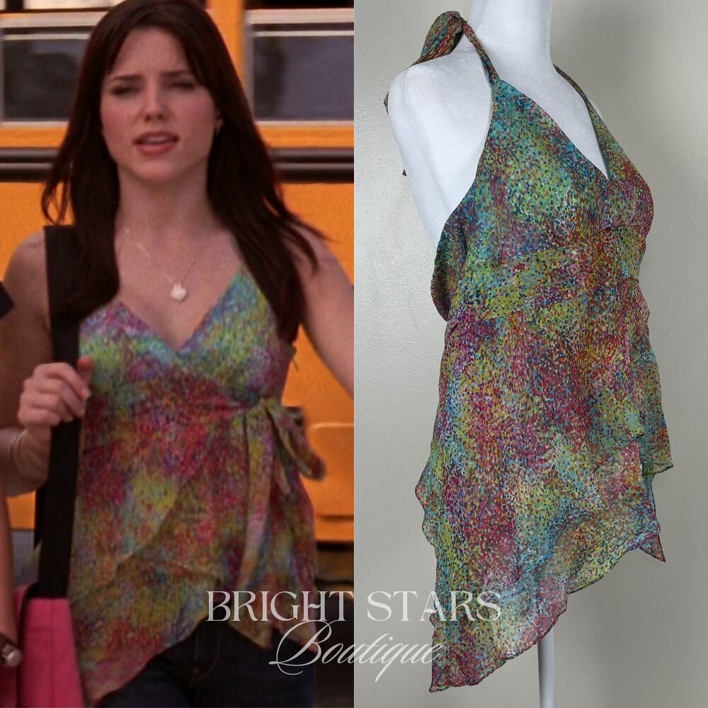 Rare Multicolor Silk Halter Top ASO Brooke Davis One Tree Hill Y2K Sophia Bush - Picture 3 of 8